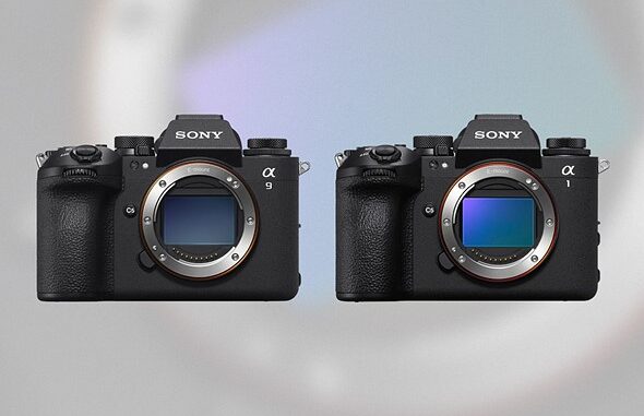 the_sony_a9_iii_and_a1_ii_are_on_a_blurred_black_and_blue_background