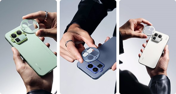 three images of hands holding a phone and swapping out the camera module