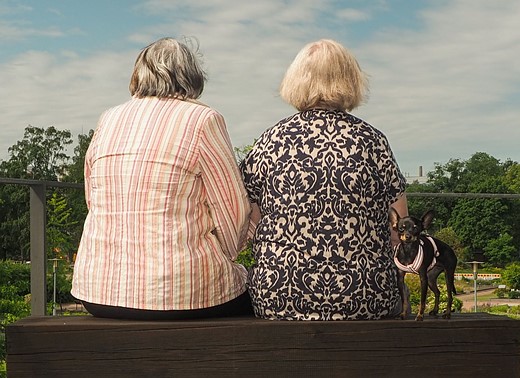 two older women sit on a bench with a tiny dog