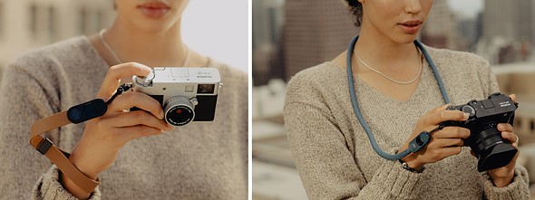 two photos of a person holding a camera with a strap attached
