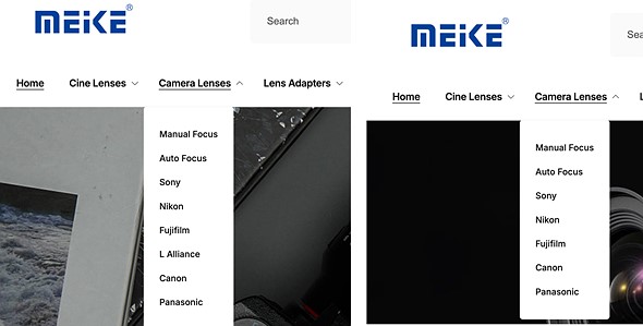 two screenshots of the meike homepage