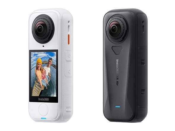 white and black insta360 x4 air cameras are standing next to each other on a white background