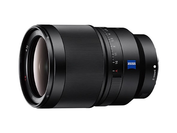 a sony zeiss lens is on its side on a white background