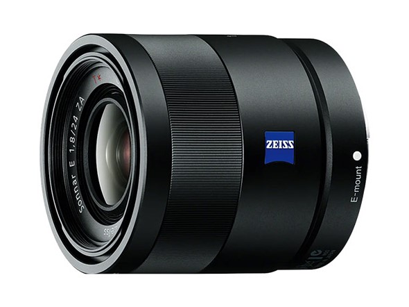a zeiss sony lens is on a diagonal on a white background