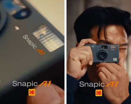 two screenshots of a video of a camera with snapic a1 text and kodak logo