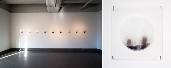 a line of square artworks are on a white wall next to a closeup of one of the images