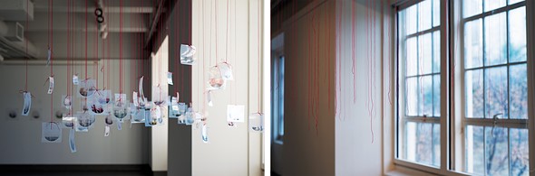 small images printed-on transparency film hang from red string next to empty red strings hanging in front of a window