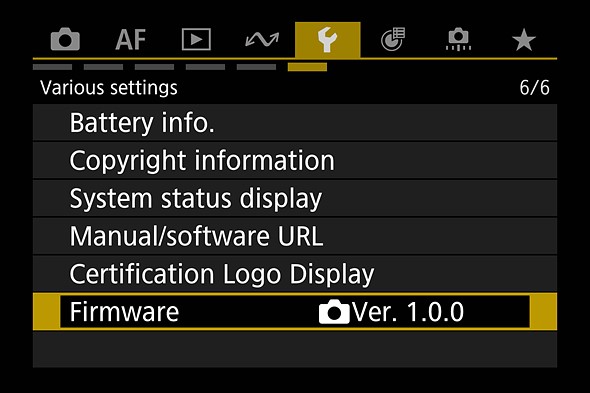 Canon Firmware Menu screen