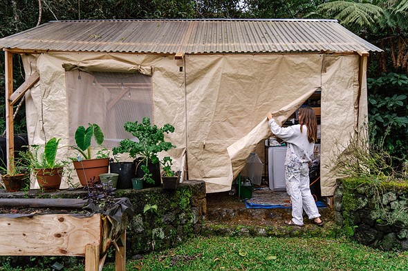 a person opens the door of a fabric shed set in a dense gardne