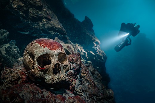 a skull sits on a rocky ledge underwater while a diver in the background shines a light on it