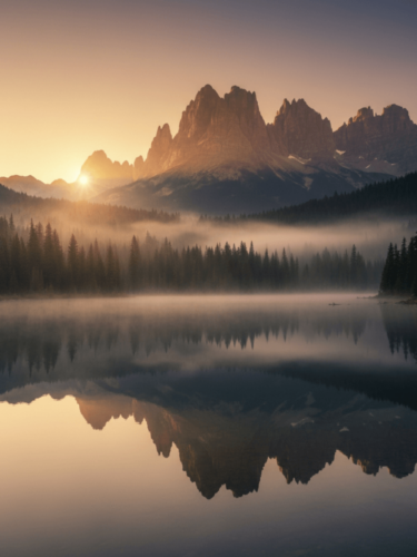 A tranquil mountain lake reflecting jagged peaks at sunrise, offering serene photography inspiration through light, symmetry, and atmosphere.