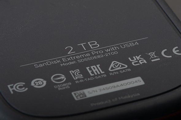 rear label on an external ssd reading 2tb sandisk extreme pro with usb4
