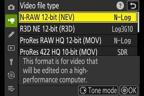 Nikon ZR Raw Options Menu