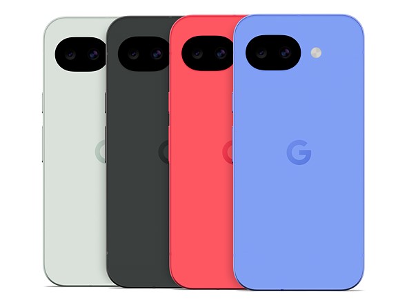 four colorful phones are lined up and overlapping on a white background