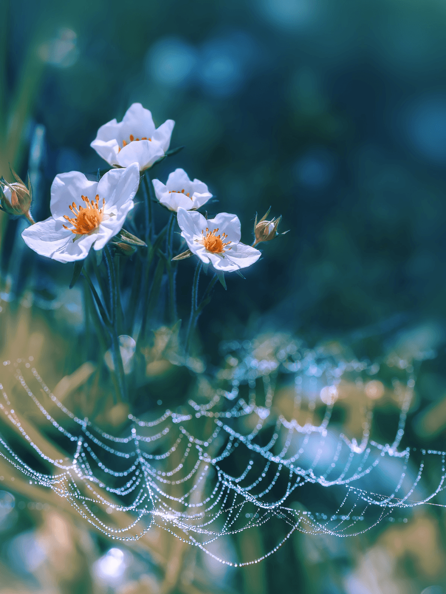 White blossoms rising above a dew-covered spiderweb, capturing the delicate mood of creative floral photos with soft blue tones.