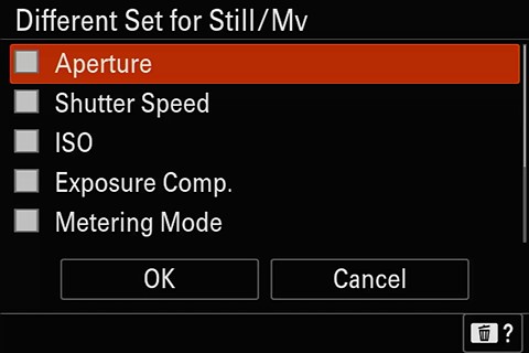 different settings for stills movies