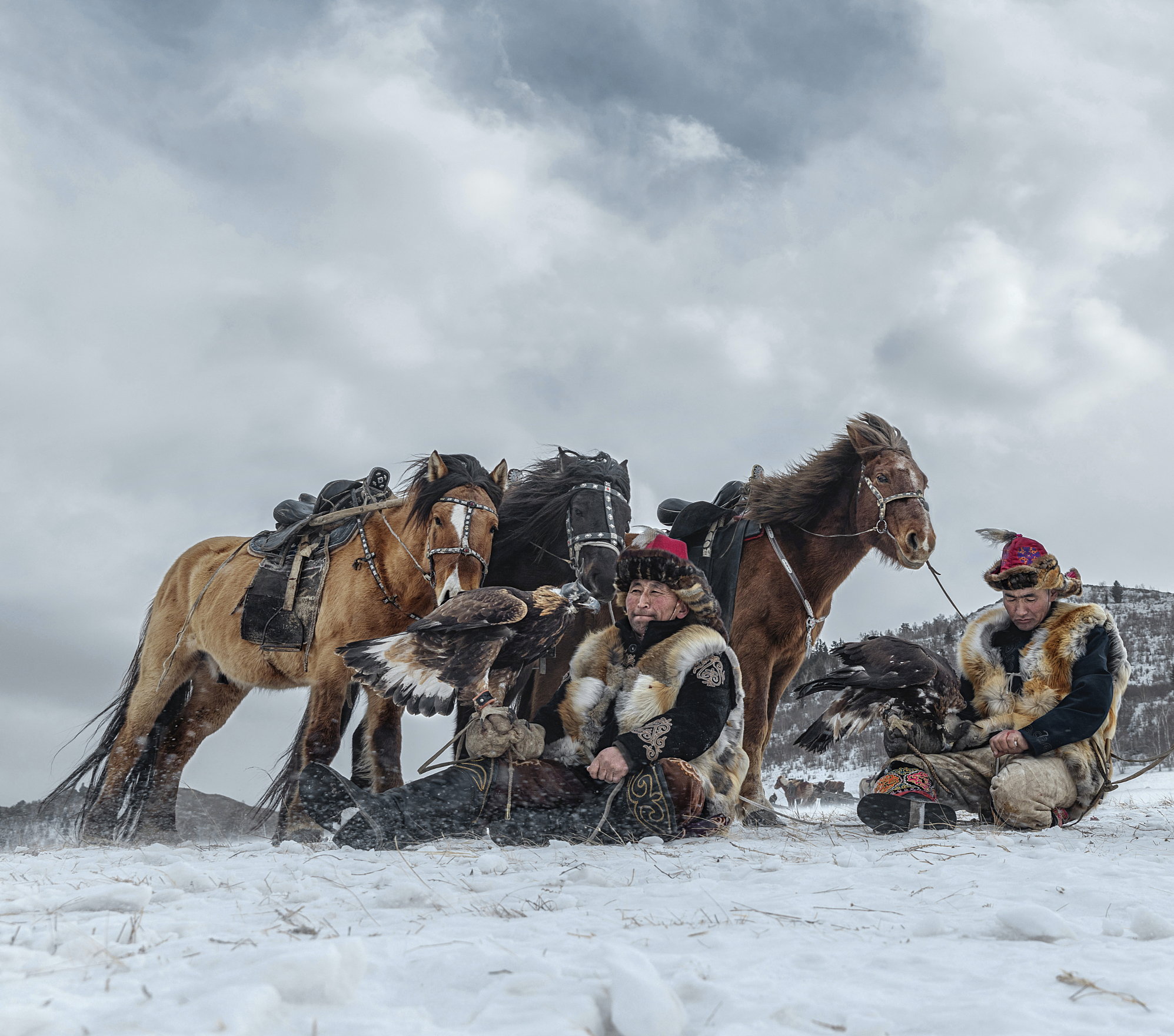 Portrait by Ganzorig Miimaa of Kazakh eagle hunters resting in a snowy landscape with their golden eagles and horses, capturing tradition, resilience, and cultural heritage in Mongolia.