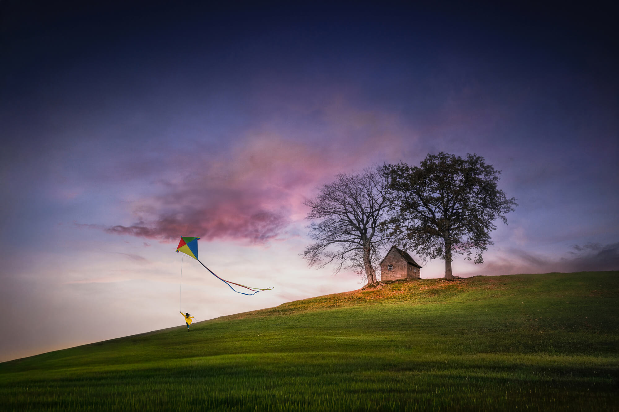 Stefan Fischer surreal landscape with a kite flying over a hill with trees and a small house, showcasing minimalist composition and dreamlike atmosphere
