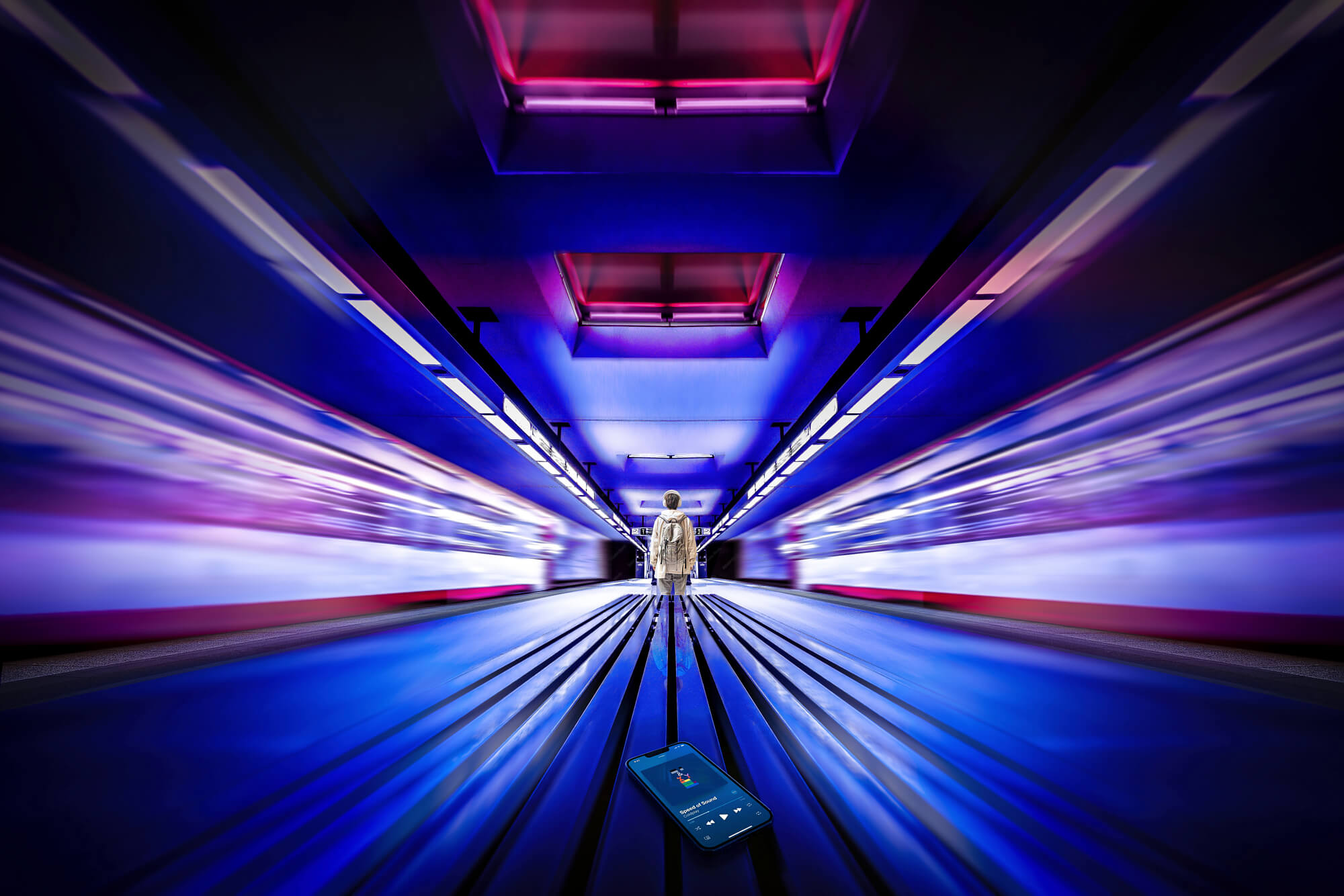 Stefan Fischer surreal urban scene with motion blur and neon lights, featuring a lone figure in a futuristic tunnel, highlighting dynamic composition and dreamlike atmosphere