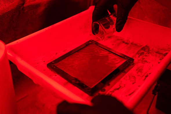 a hand pours a small beaker of liquid on a plate in a tray in a room lit with red light