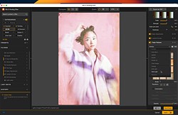 a screenshot of an editing app with a pink tinted photo of a woman