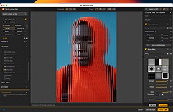 a screenshot of an editing app with a textured photo of a man wearing red against a blue background