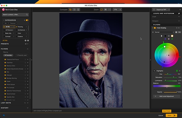 a screenshot of an editing program loaded with an image of an older man in a hat
