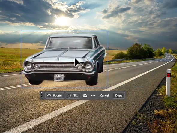 a screenshot of photoshop with a car being placed on a country road