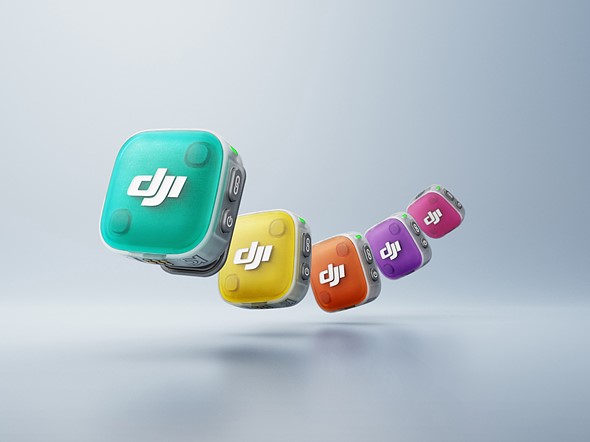 colorful dji mics float above a white background in a line