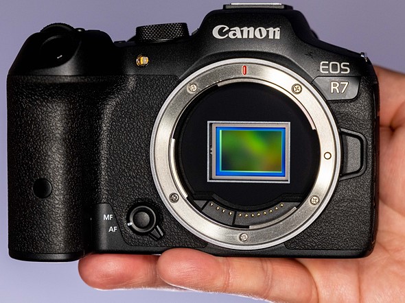 the canon eos r7 camera in a persons hand