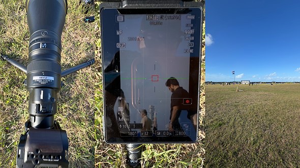 three photos of camera gear and a field are placed next to each other