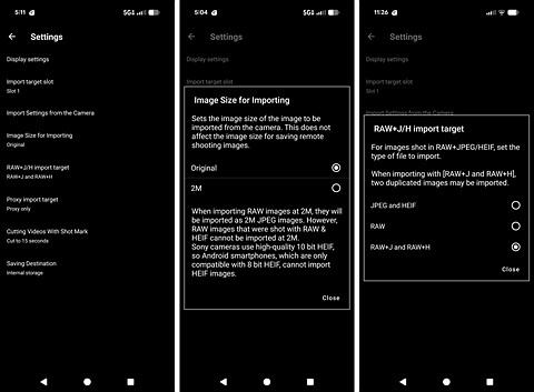 three screenshots of an app with a black background and white text