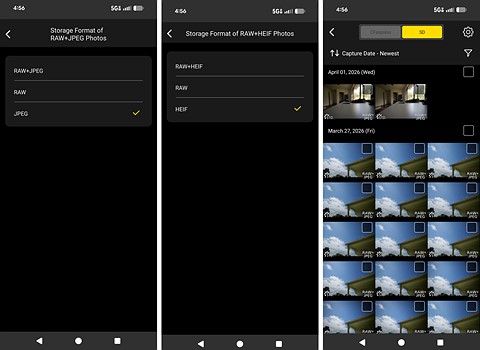 three screenshots of an app with black background and white text and a grid of images