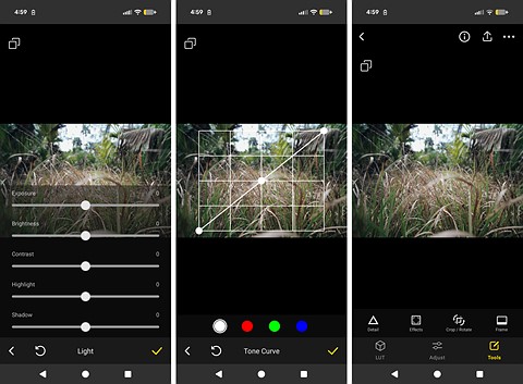 three screenshots of an app with editing tools and a picture of Grass