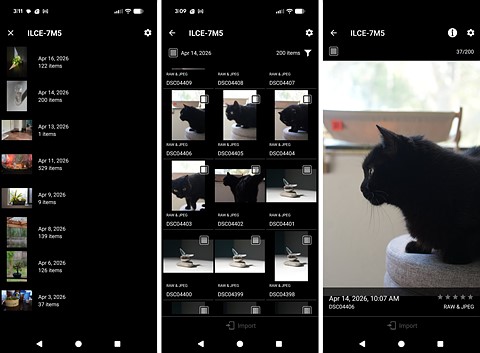 three screenshots of an app with image thumbnails on a black background