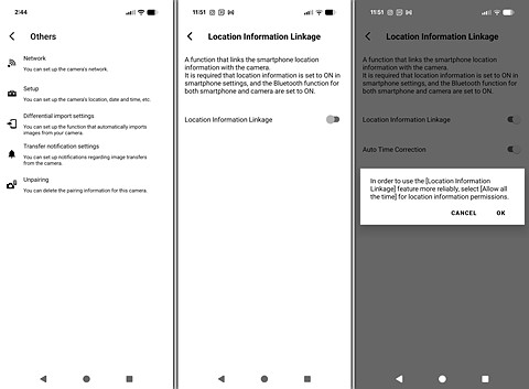 three screenshots of an app with white-background and black text