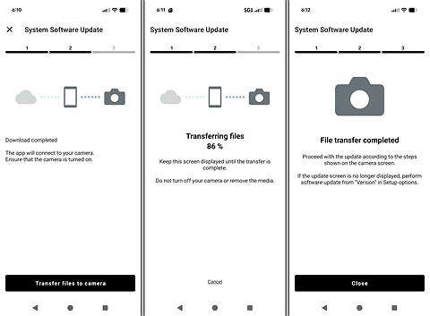 three screenshots of the sony creators app software update-