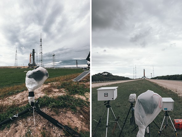 two images of a camera on a tripod wrapped in a bag with a large rocket in the background
