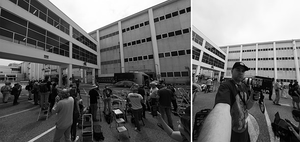 two photos of a crowd around a building with one person posing in front of the camera