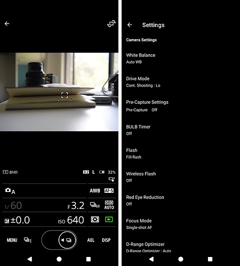 two screenshots of a camera control app and menu