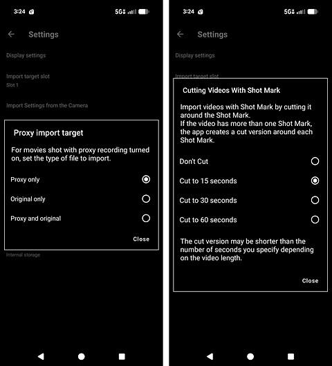 two screenshots of a phone app with a black background and white text