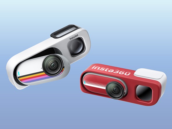 a white isnta360 go 3s floats next to a red one against a pale blue background