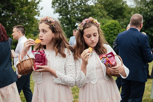 6 Champagne Taittinger Wedding Food Photographer Emma Stoner Twin Bridesmaids Enjoy Canapes Devon UK Hi Res