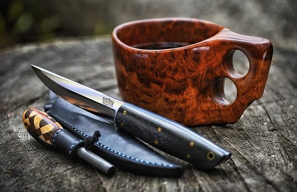 Alberto-Tanikawa-crafted-wood-cup-pocket-knife-on-cut-tree-stump