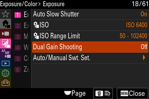 Dual Gain shooting option in video menu
