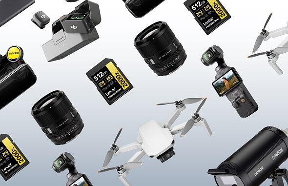 a_scattering_of_photography_items_on_a_blue_gradient_background