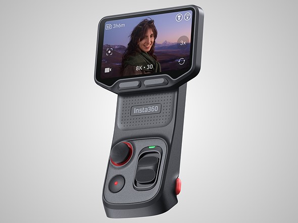 an insta360 luna ultra camera gimbal detachable screen floats on a light Gray background