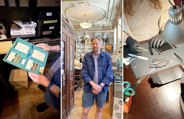 collage_of_three_photos_showing_a_equipment_held_in_hands_shelves_with_printing_tools_desk_workspace_with_tools_under_a_lamp