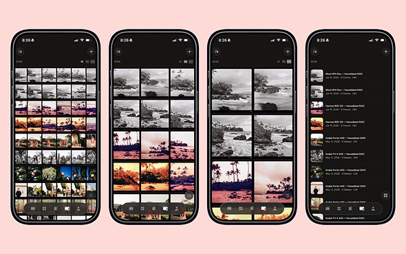 four iphones showing phaos app film roll archive views-