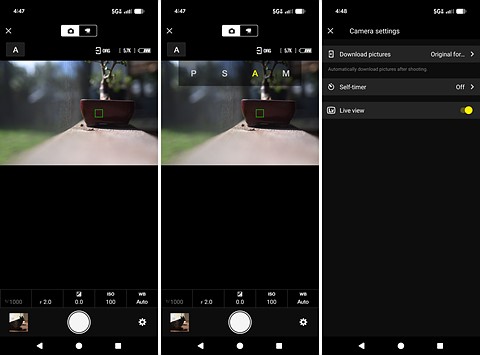 three screenshost of a remote app with live view and its settings page